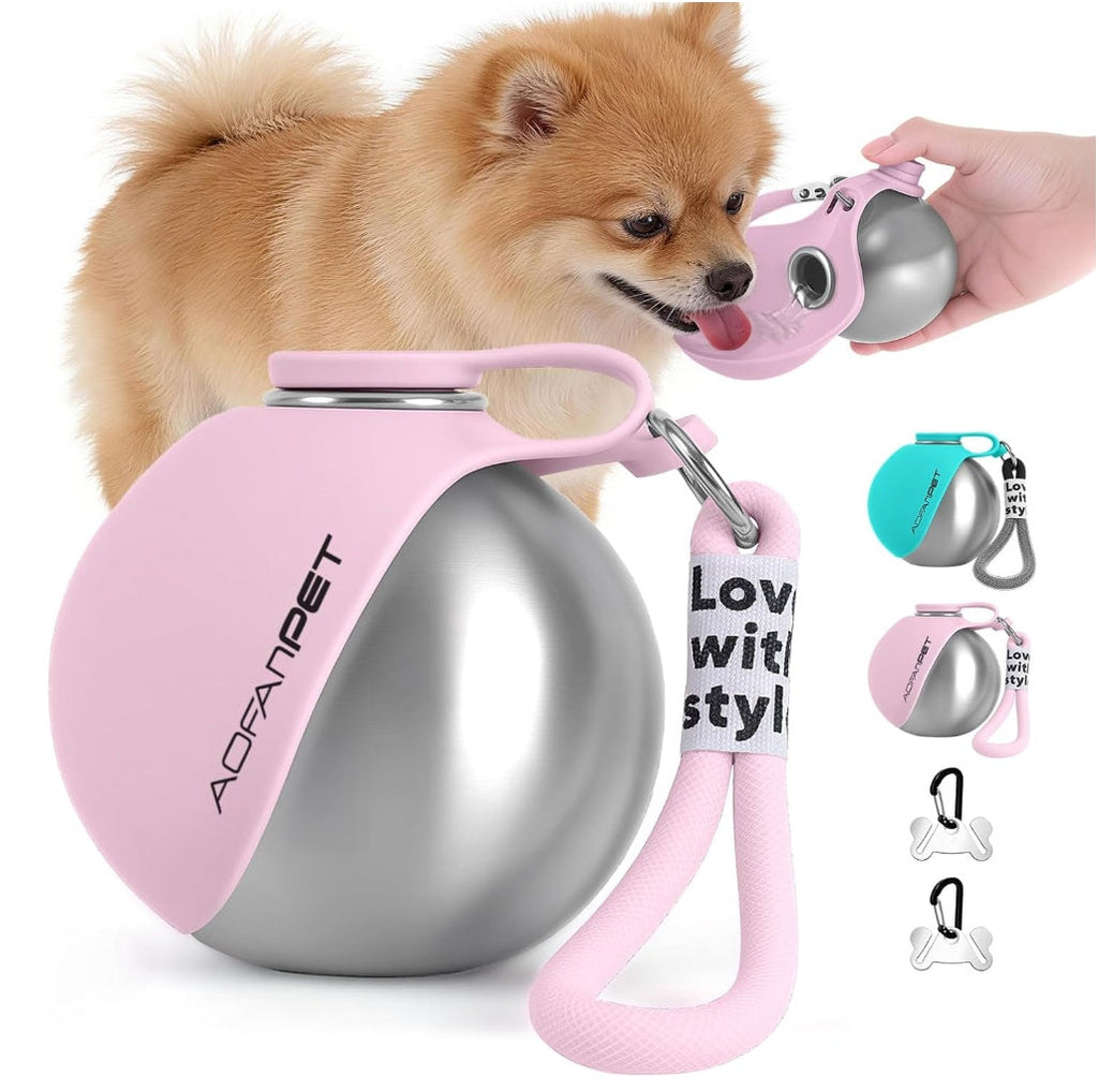 Dog Travel Water Bottle — Stainless Steel, Bowl + Waste Bag Dispenser